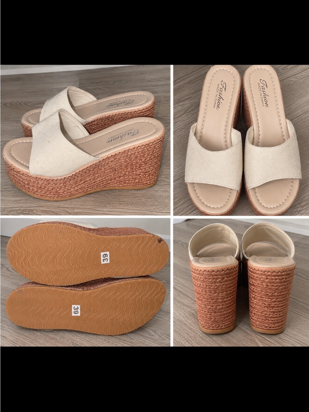 Neutral Cream Wedge Slide Sandals with Woven Tan Platform